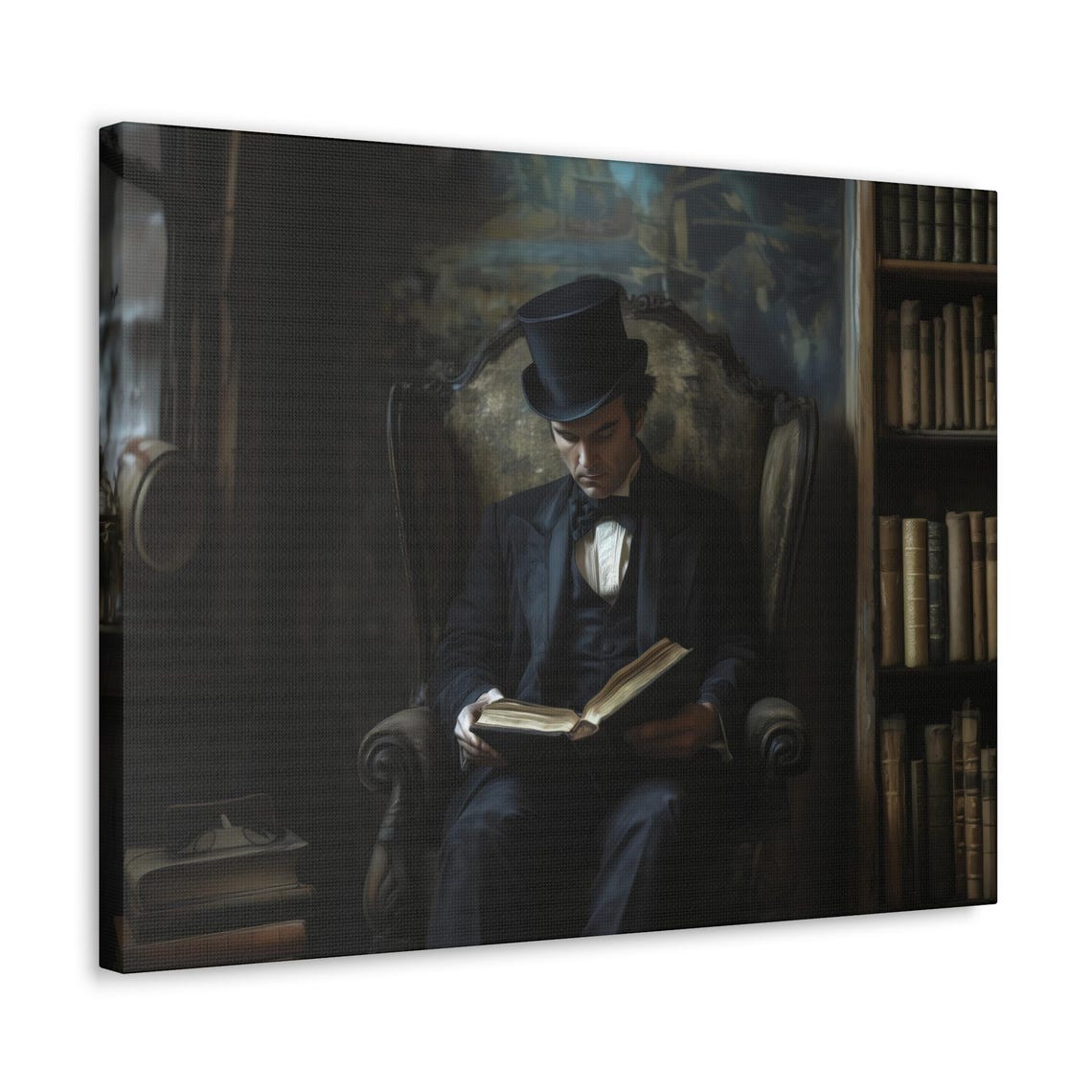 Victorian Gentleman Reading In A Dark Library Top Hat Wall Art - Image 3