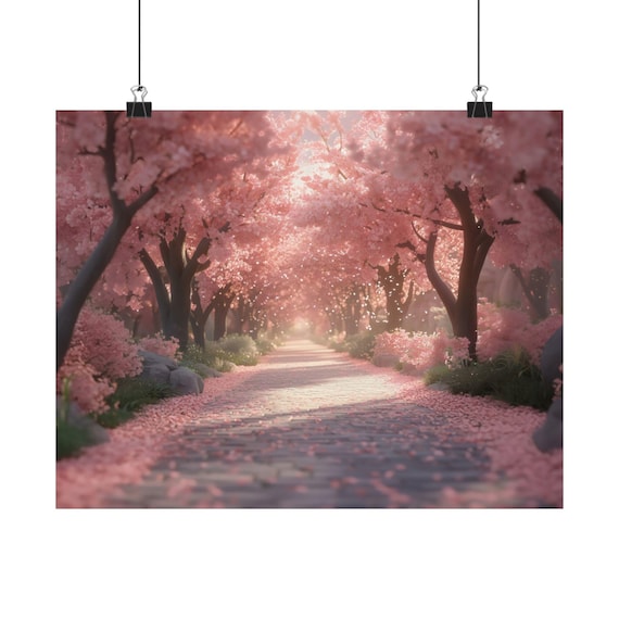 Sunlit Cherry Blossom Path Pink Petals Dreamy Spring Tunnel Poster