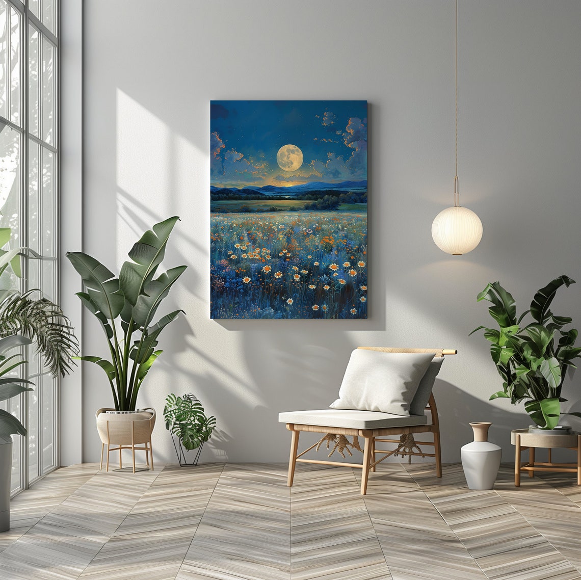 Full Moon Over Moonlit Wildflower Meadow Night Landscape Print