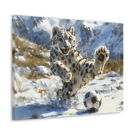 Playful Snow Leopard Cub Soccer Watercolor Snow Mountain Scene Poster