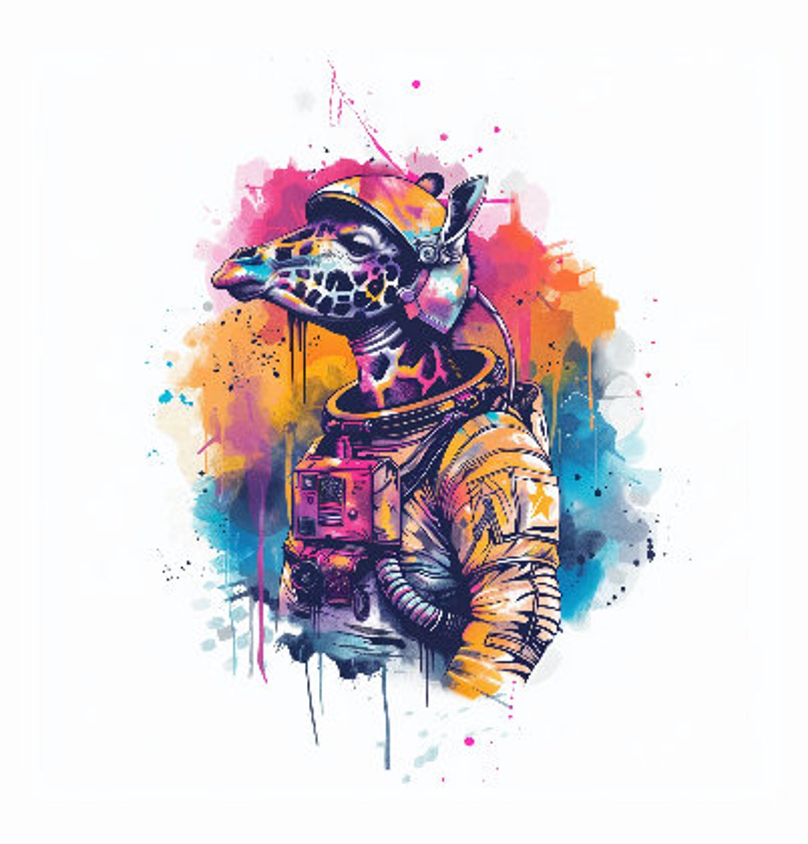 Giraffe Astronaut Watercolor Long Neck Space Suit Animal Art Poster - Image 2