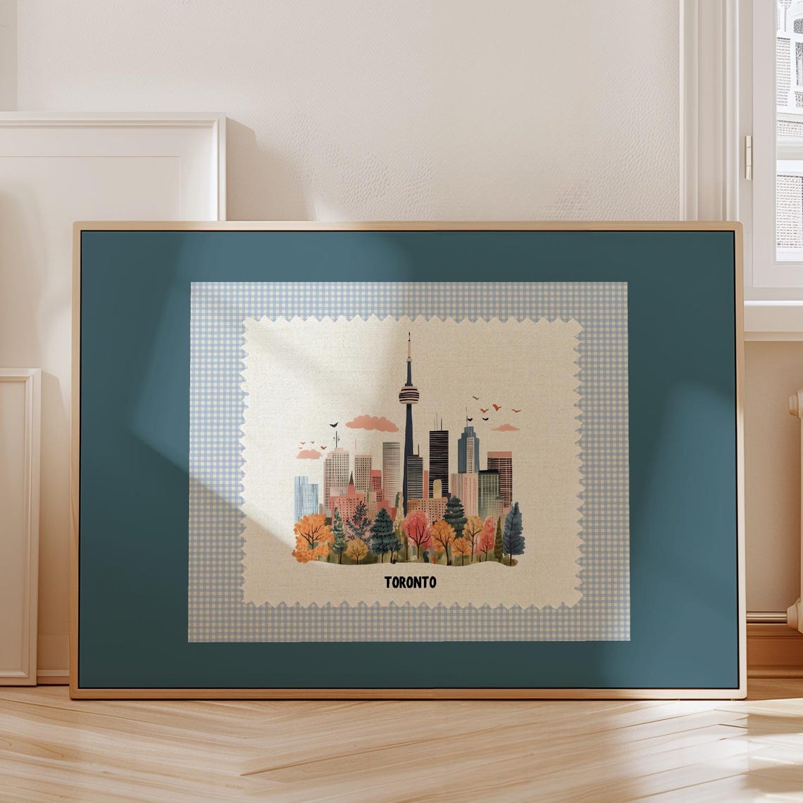 Toronto Canada CN Tower Skyline Stamp Style Teal Framed Poster