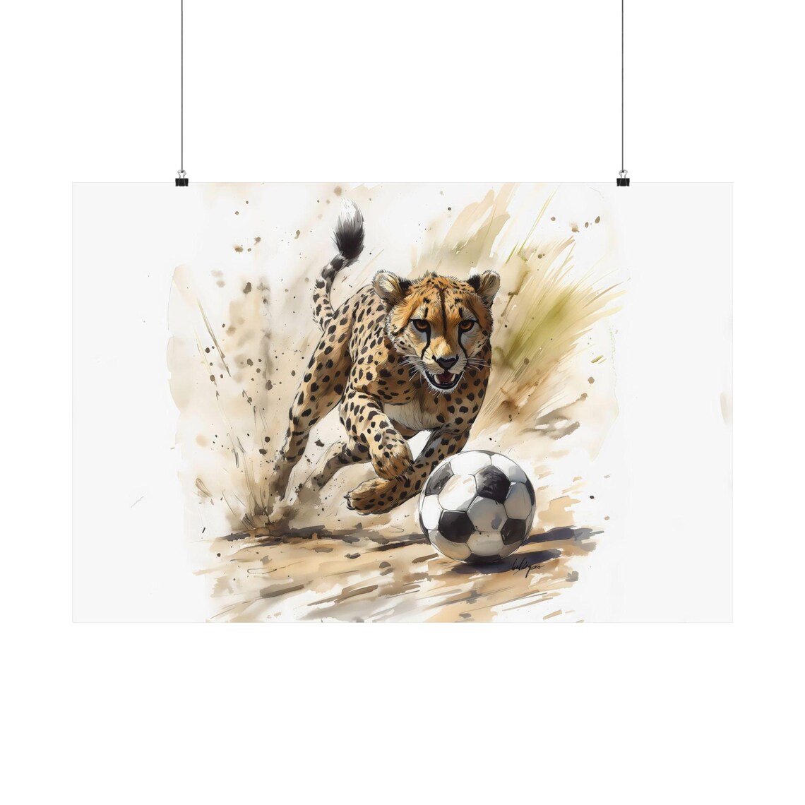 Fast Cheetah Soccer Sprint Golden Watercolor Wildlife Poster - Image 3