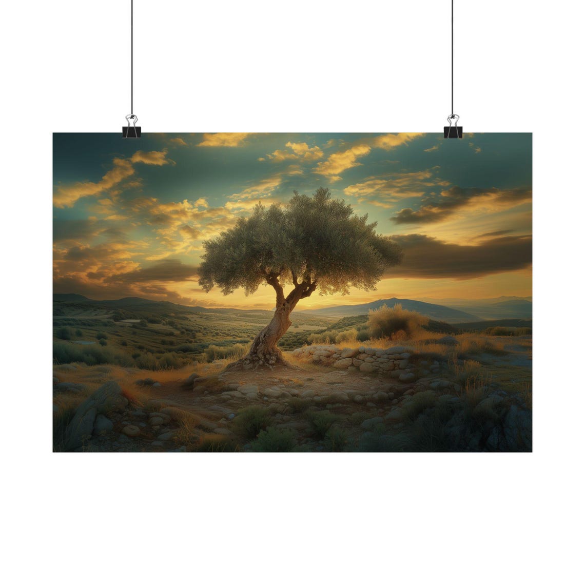 Ancient Olive Tree at Sunset Warm Mediterranean Hillside Scene Poster