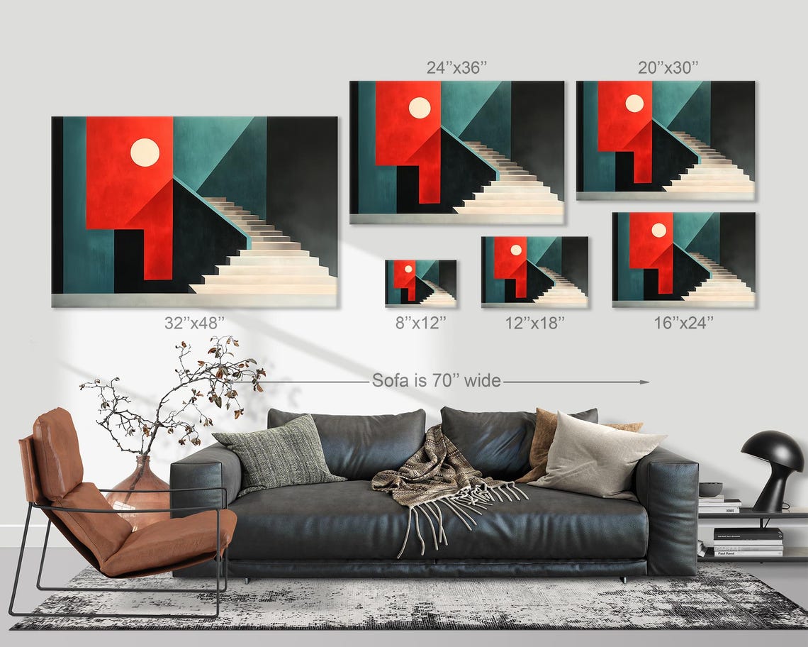 Bold Geometric Staircase Red Sun Teal Shadows Abstract Print - Image 3
