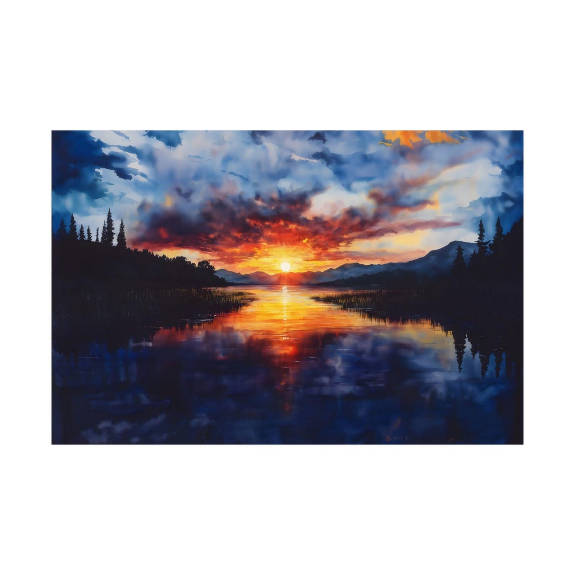 Fiery Sunrise Over Mountain Lake Reflection Silhouette Pines Poster - Image 3