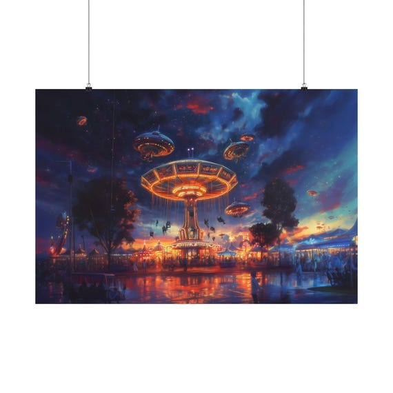 Space Ufo Carnival Poster Print Weird Ufo Landscape Modern Painting Fantasy Nature Rustic Wall Print Airbnb Art Wall Decor