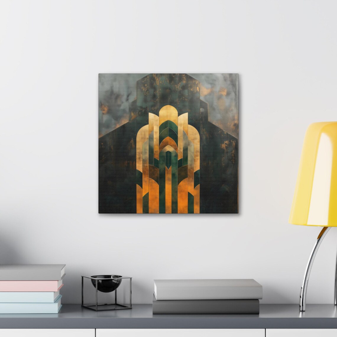 Emerald And Gold Art Deco Arch With Chevrons On Dark Smoke Print - Image 2