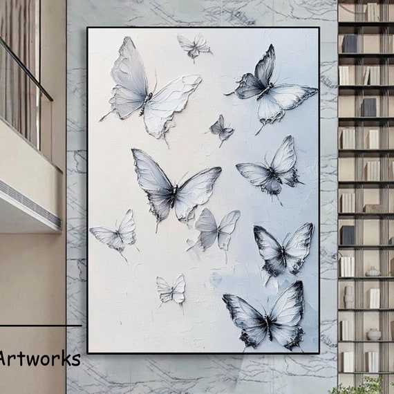 Large Textured Butterfly Acrylic Painting Handpainted Butterfly Artwork Blue And White Butterfly Wall Decor Animal Art Painting Gift For Her