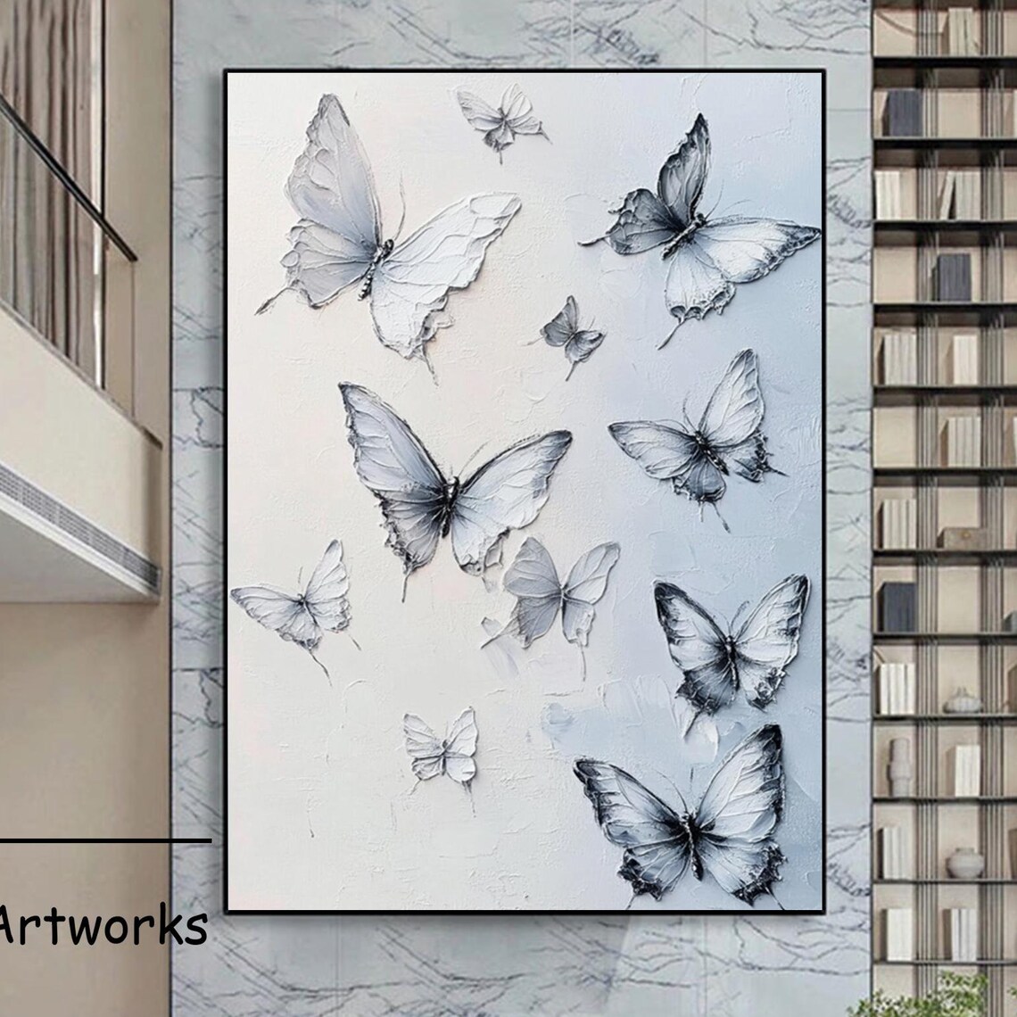 Ten White And Blue Butterflies 3D Textured Flight Art Poster