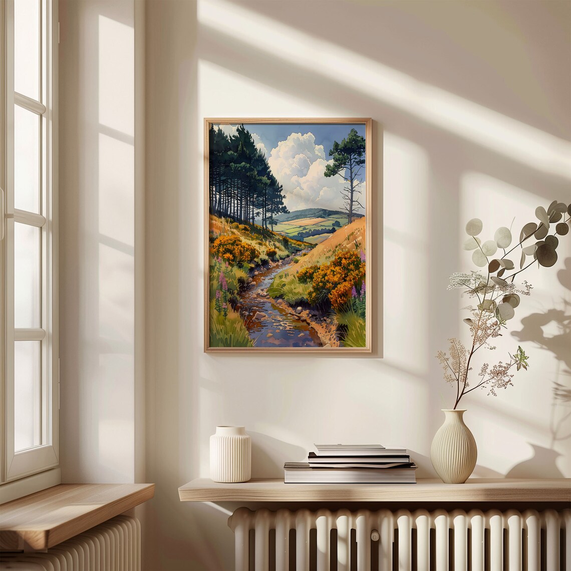 Exmoor Moorland Watercolor Poster Gorse Stream Pines Rolling Hills - Image 4