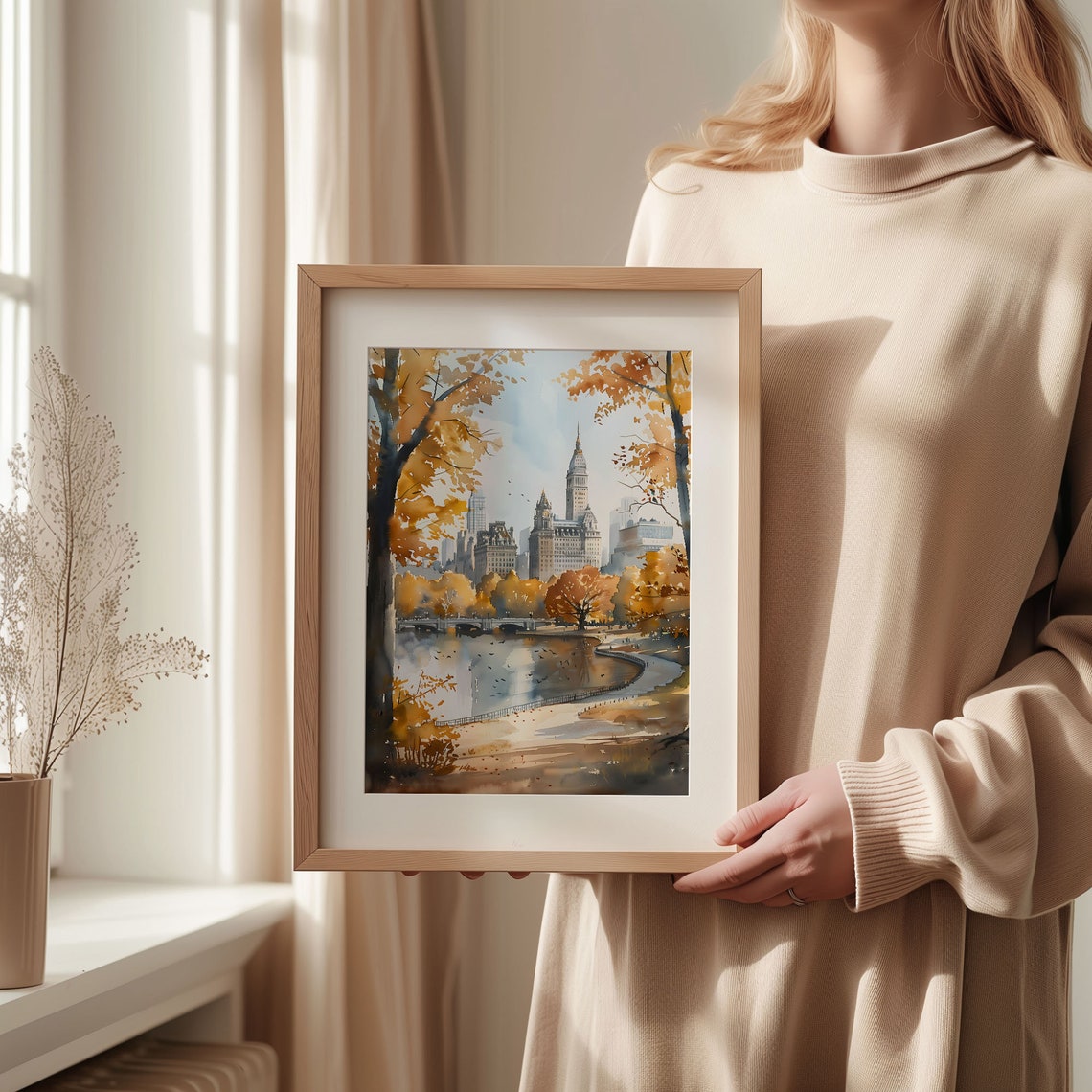 Central Park Autumn Scene Manhattan Skyline Lake Watercolor Print - Image 2