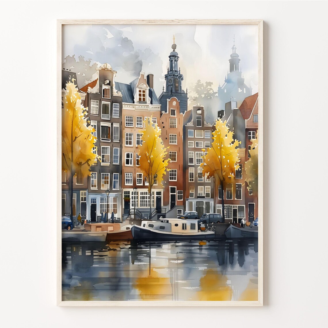 Amsterdam Canal Netherlands Gabled Houses Watercolor Painting Poster