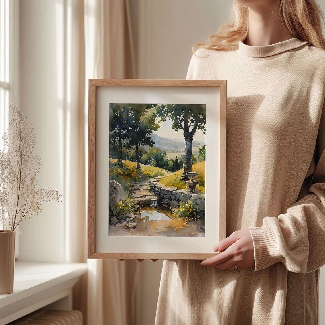 Dartmoor National Park Stream Stone Wall Fountain Trees Watercolor Poster - Image 2