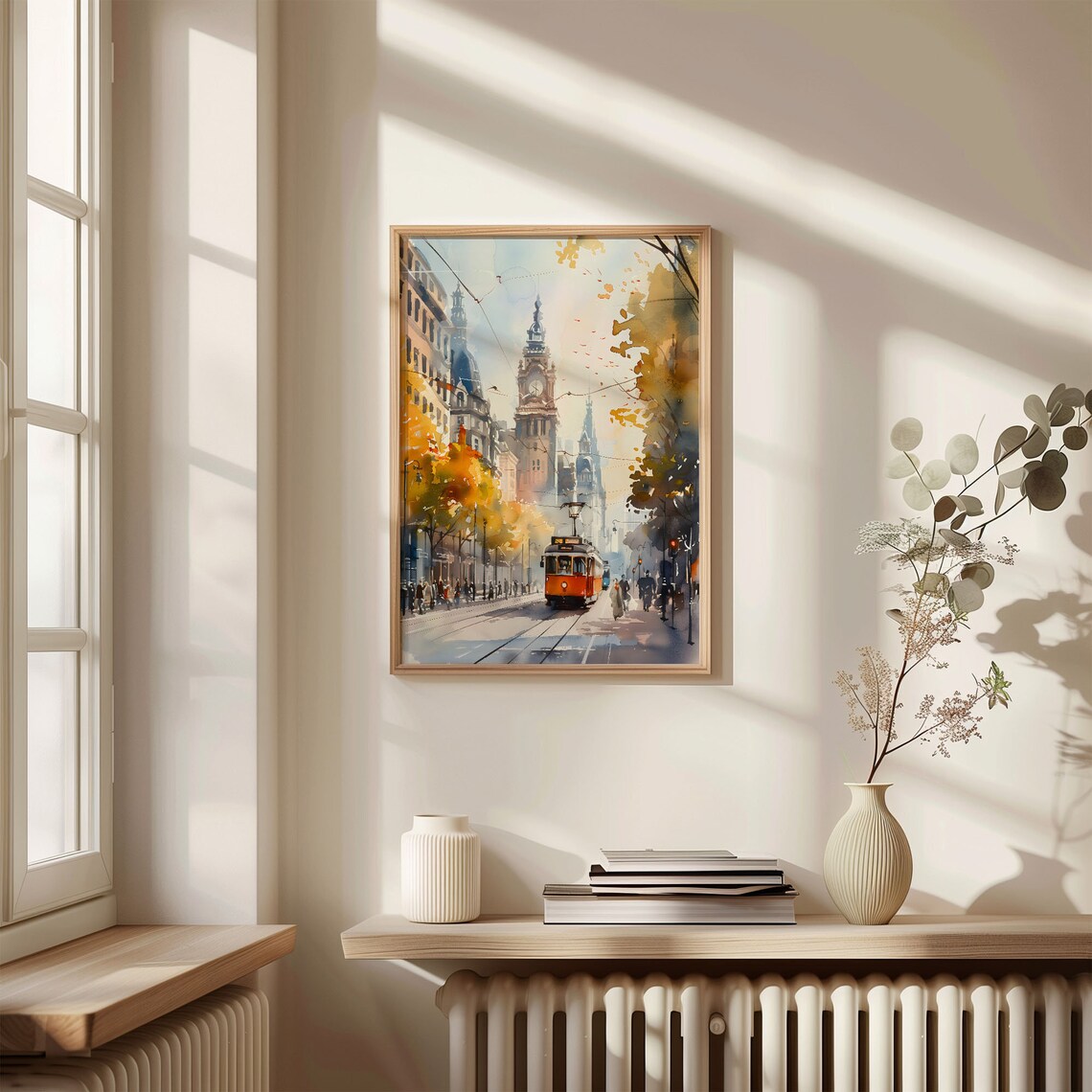 Manchester UK Autumn Tram Street Clock Tower Watercolor Travel Poster - Image 4