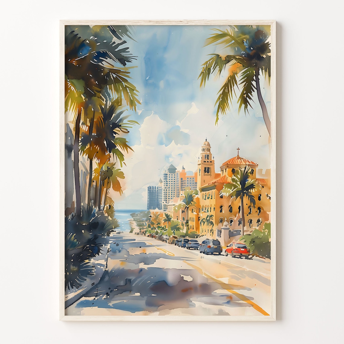 Miami Watercolor Travel Poster, Traditional Art Print