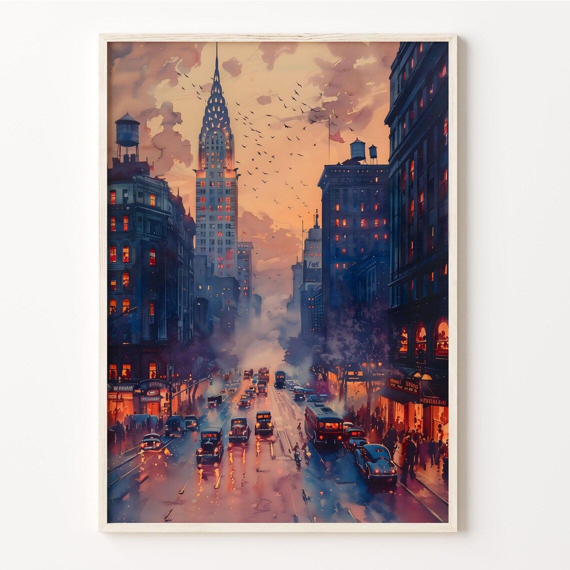 New York City Chrysler Building Sunset Street Glow Watercolor Poster