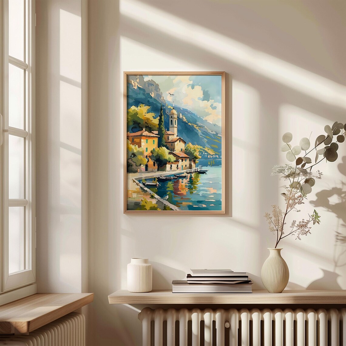 Lake Garda Italy Lakeside Village Church Tower Boats Watercolor Poster - Image 4