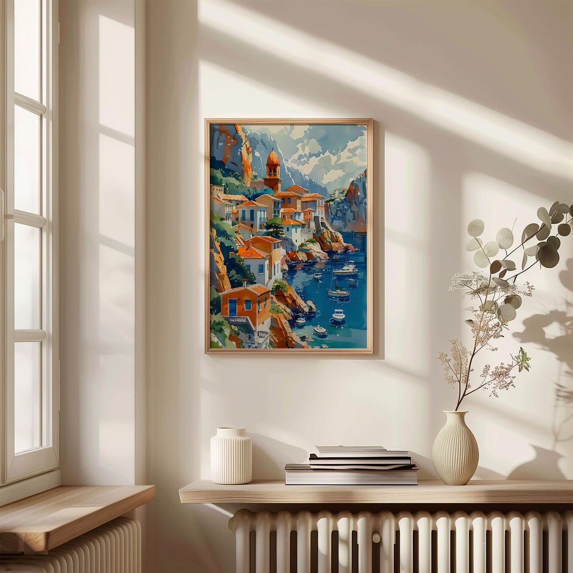 Symi Greece Cliffside Harbor Boats Bell Tower Watercolor Poster - Image 4