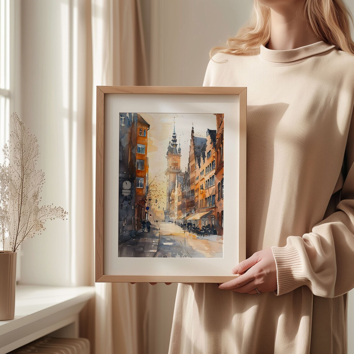 Hamburg Germany Golden Old Street Clock Tower Watercolor Poster - Image 2