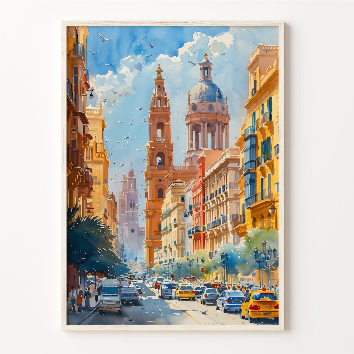 Valencia Spain Cathedral Busy Street Watercolor Painting Poster