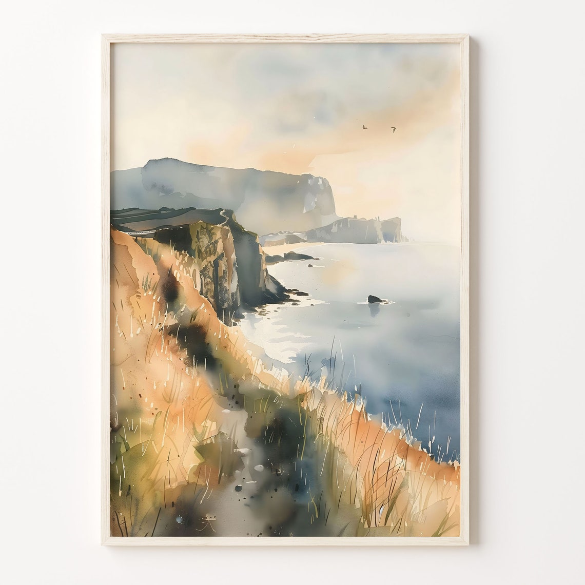 Lizard Point Cornwall Watercolor Poster Golden Cliffs Sea Grasses