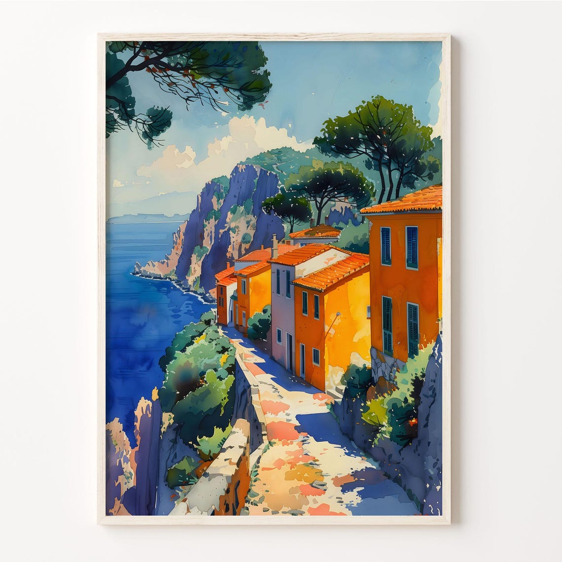 Lefkada Greece Orange Cliffside Houses Deep Blue Sea Watercolor Poster