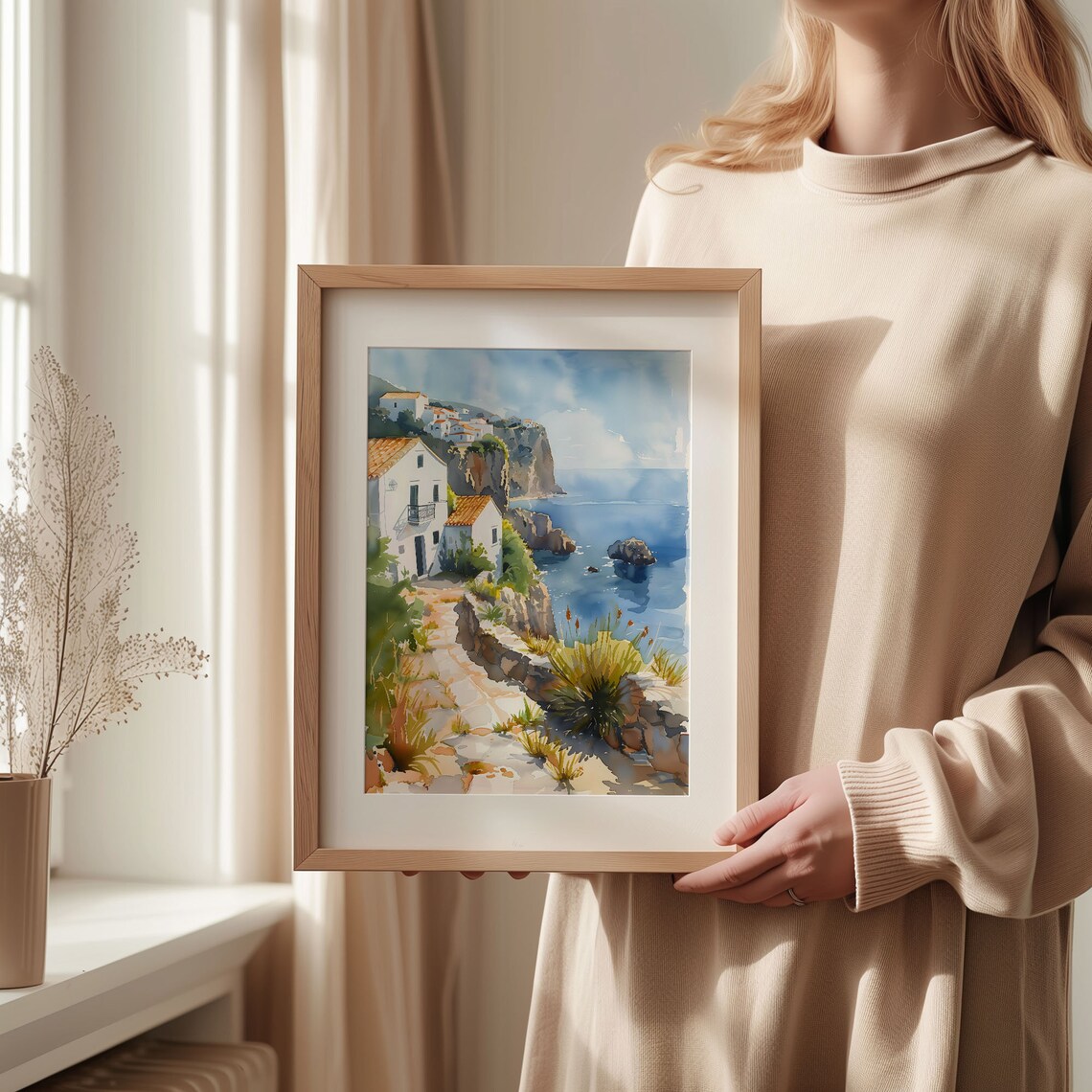 Algarve Coast Watercolor Poster Whitewashed Village Cliffs Blue Sea - Image 2