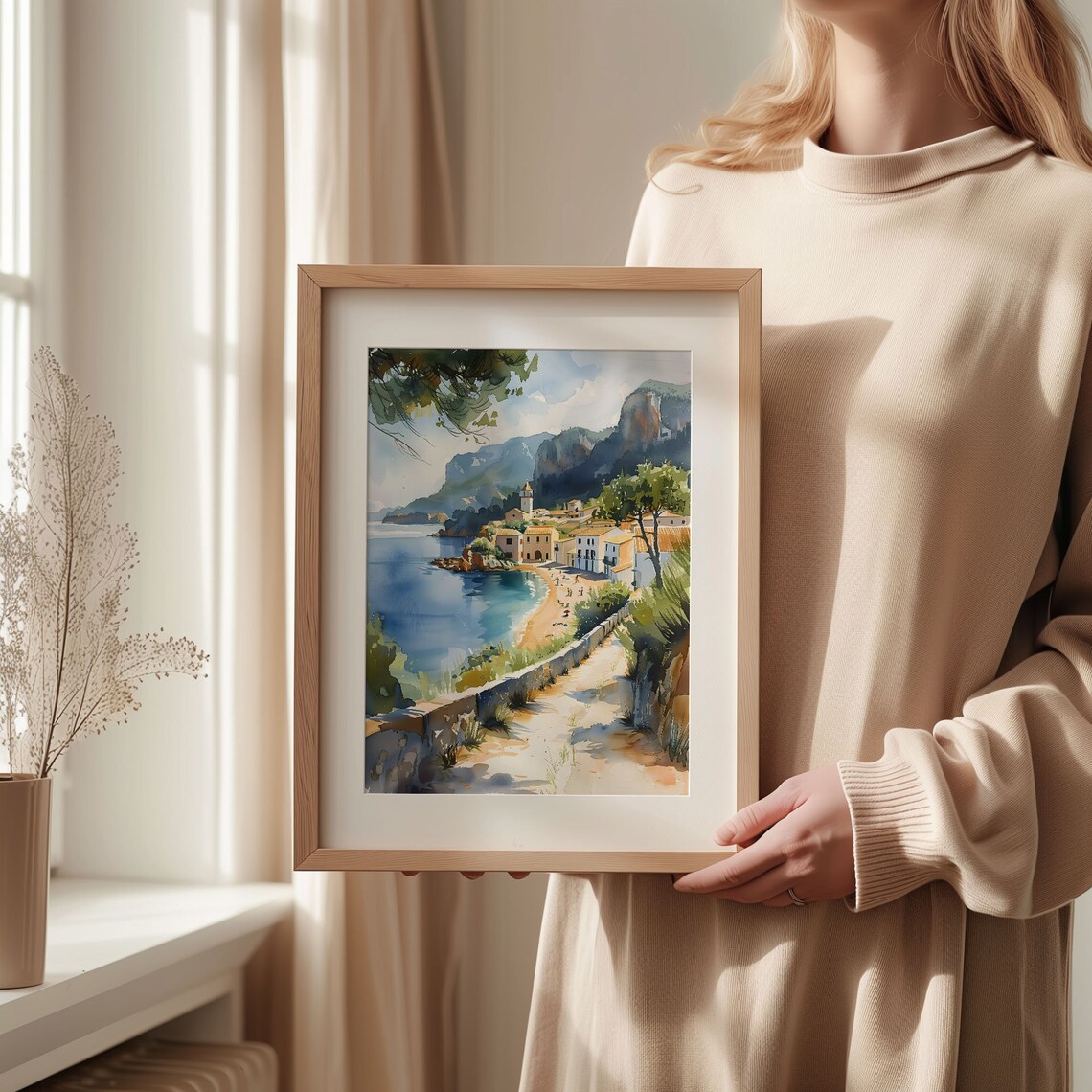 Mallorca Coastal Village Sandy Beach Cliffs Watercolor Travel Poster - Image 2
