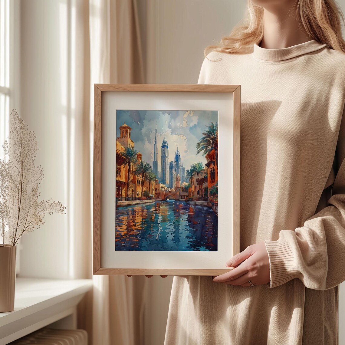 Dubai Old Canal Modern Skyscrapers Palm Reflections Watercolor Poster - Image 2