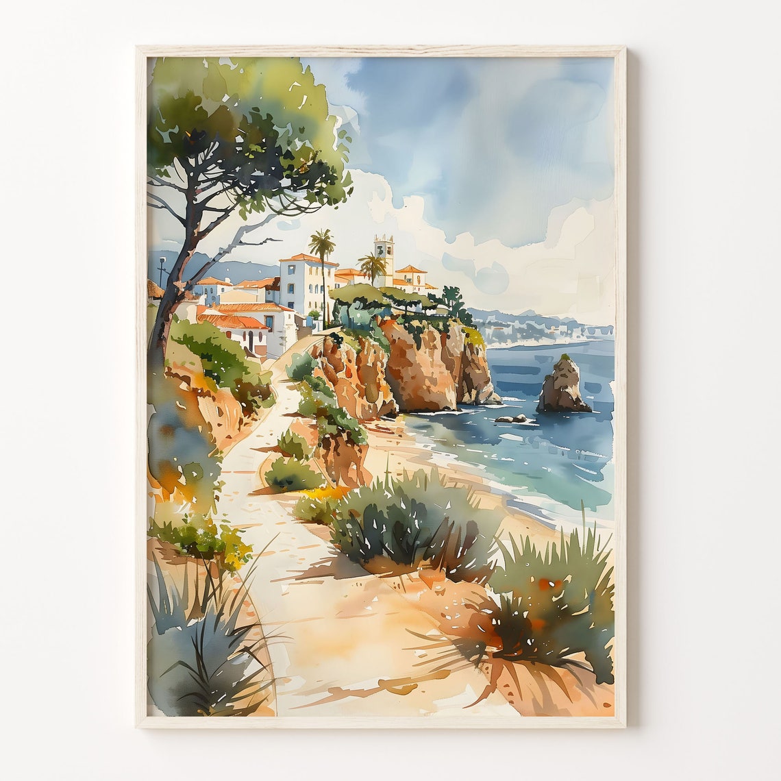 Scenic Albufeira Portugal Algarve Coast Town Watercolor Print