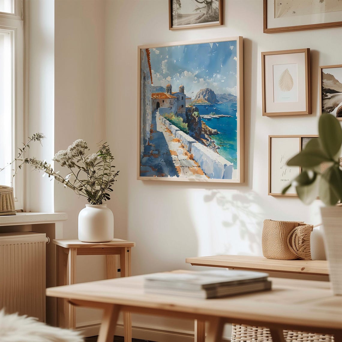 Lindos Rhodes Chapel Cliff Path Turquoise Bay Watercolor Poster - Image 3