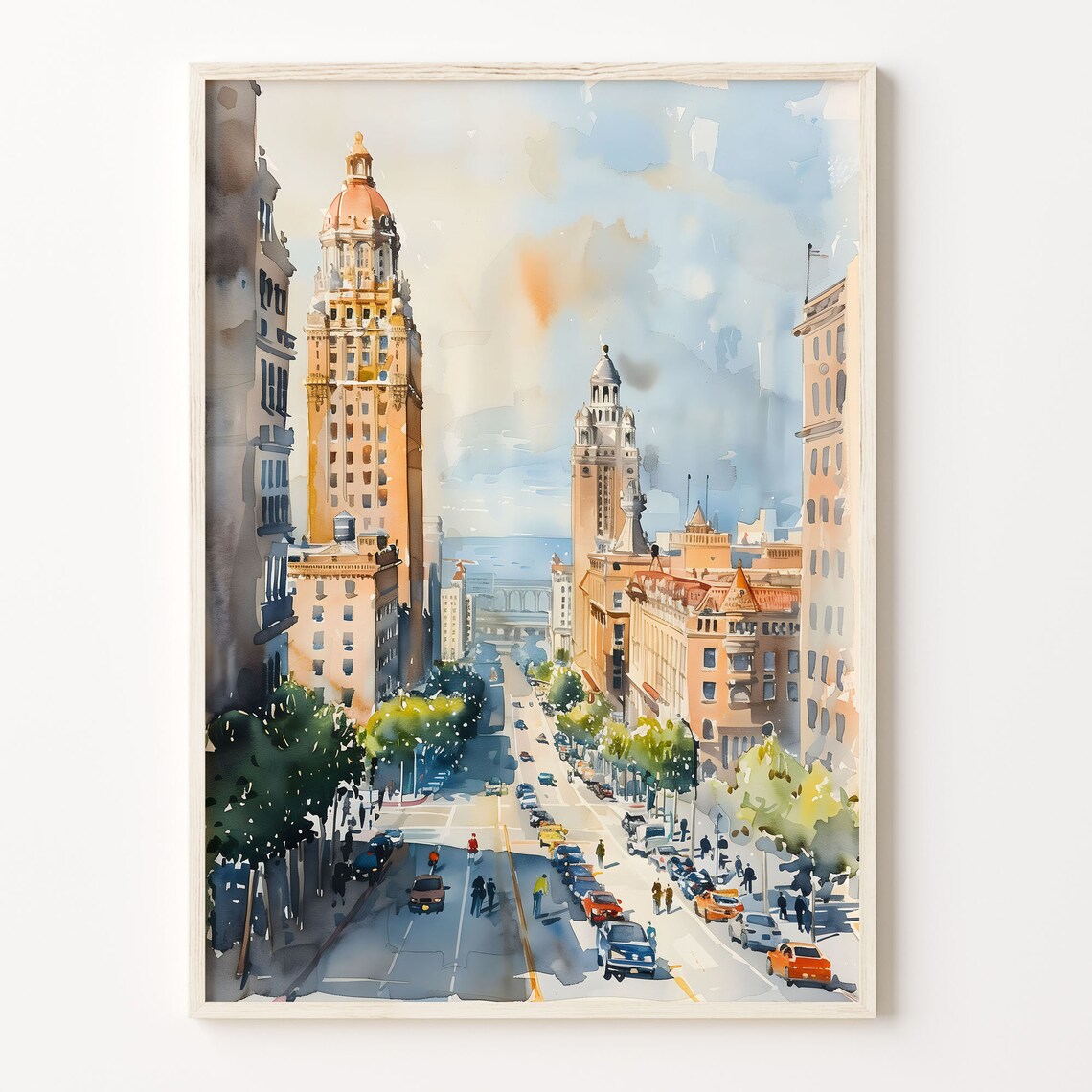 San Diego California Historic Towers Street Watercolor Poster
