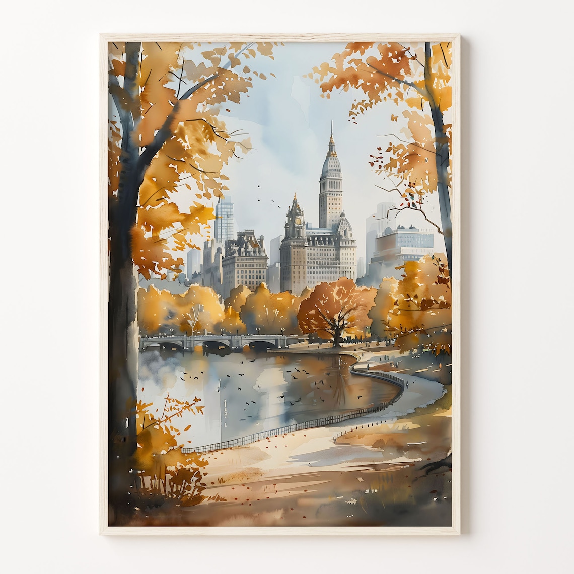 Central Park Autumn Scene Manhattan Skyline Lake Watercolor Print