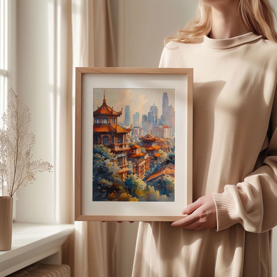 Bangkok Thai Temple Rooftops Skyline Watercolor Painting Poster - Image 2