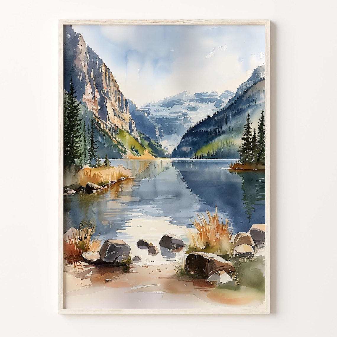 Lake Louise Watercolor Travel Poster, Minimalist Art