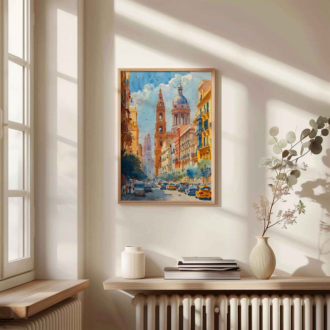 Valencia Spain Cathedral Busy Street Watercolor Painting Poster - Image 4