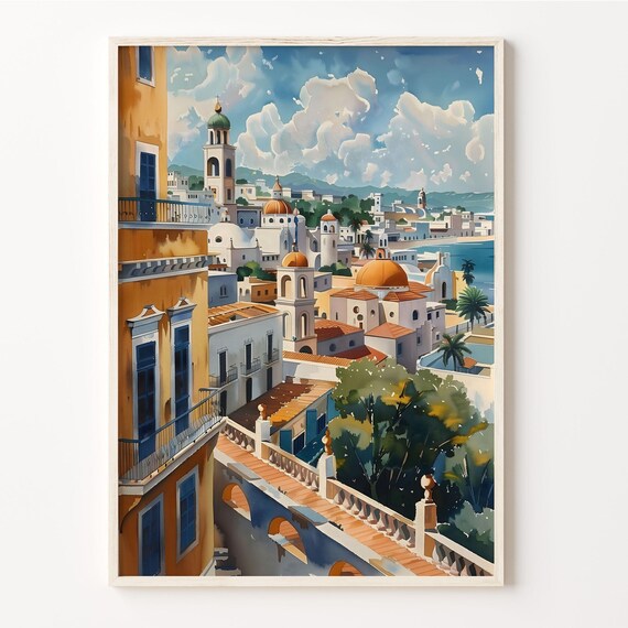 Veracruz Mexico Colonial Old Town Church Domes Watercolor Poster