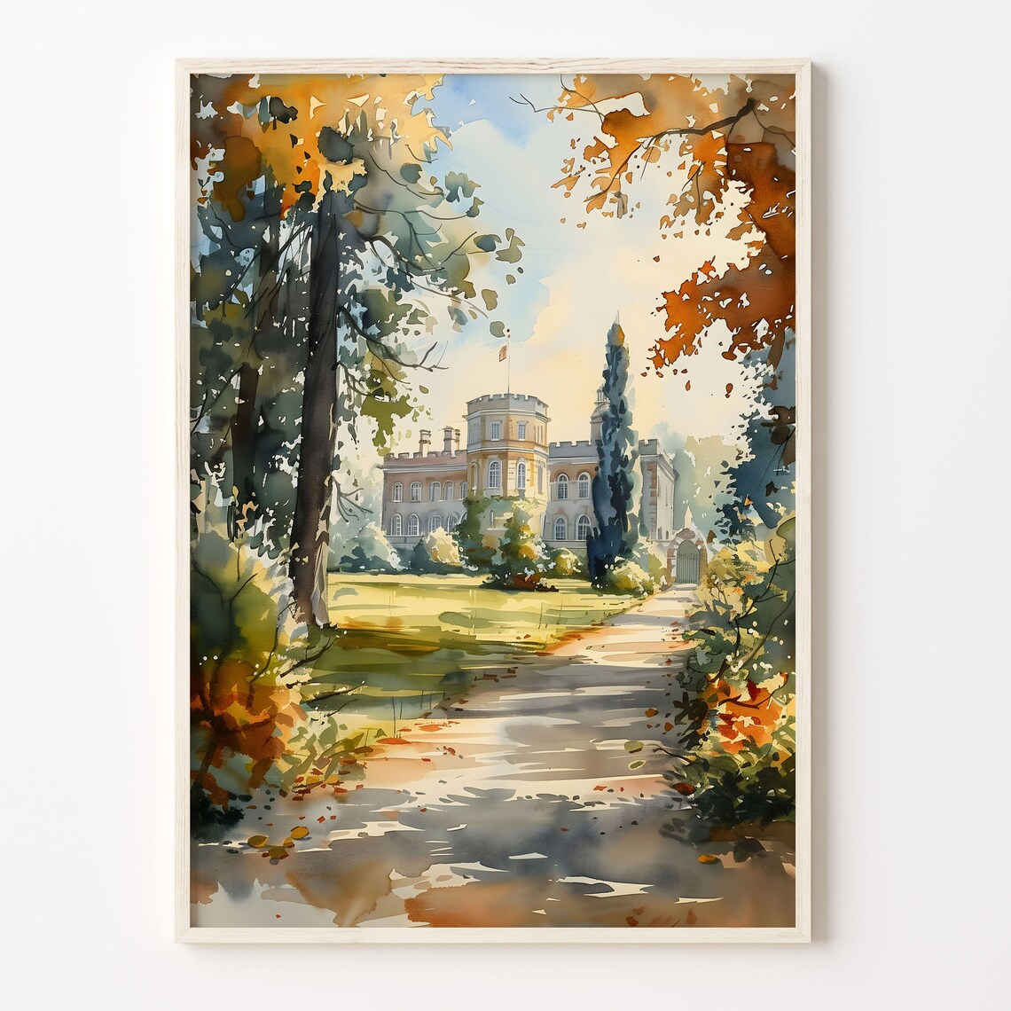 Stately Palace Gardens Autumn Drive Country Estate Watercolor Print