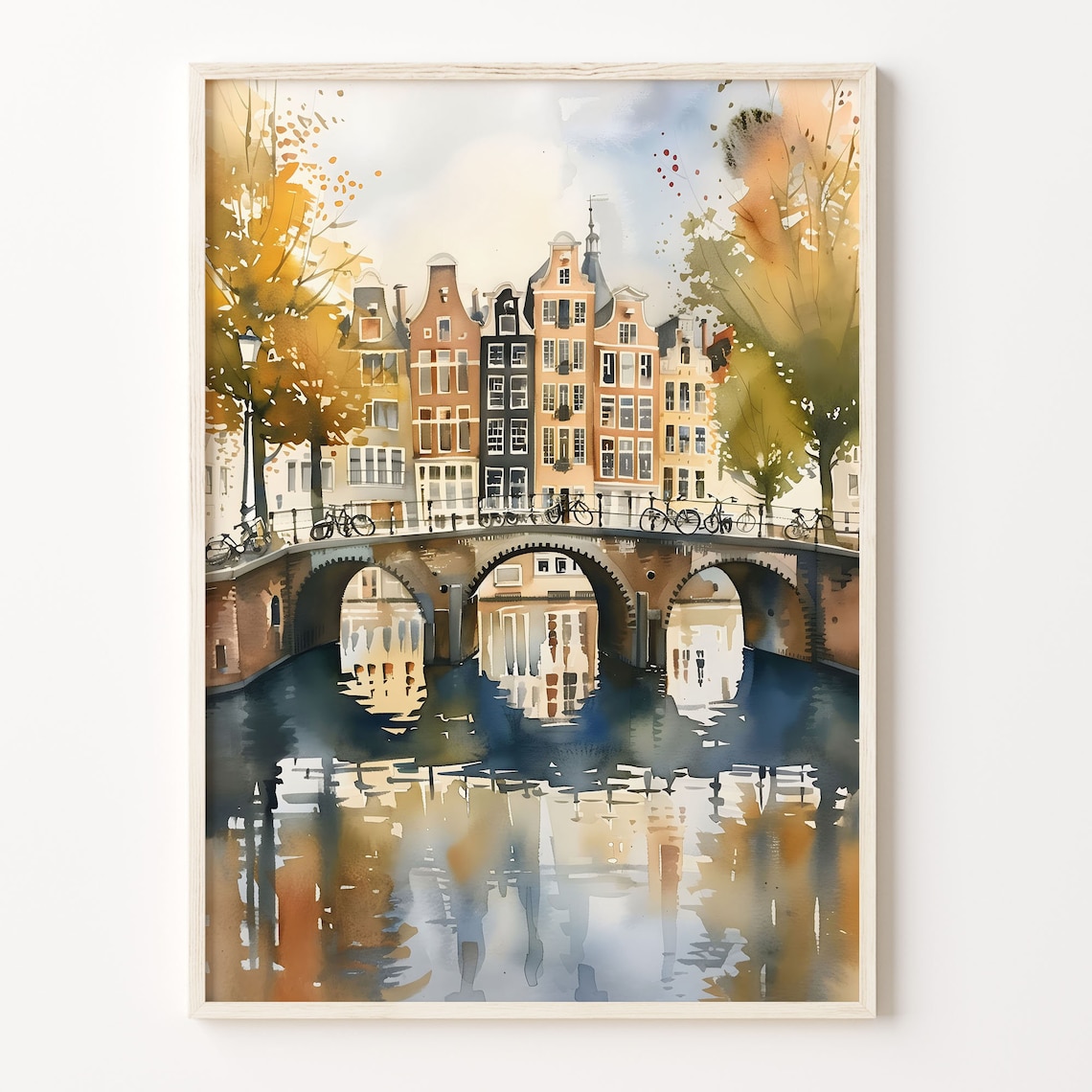 Amsterdam Canal Bridge Watercolor Poster Bicycles Autumn Reflections