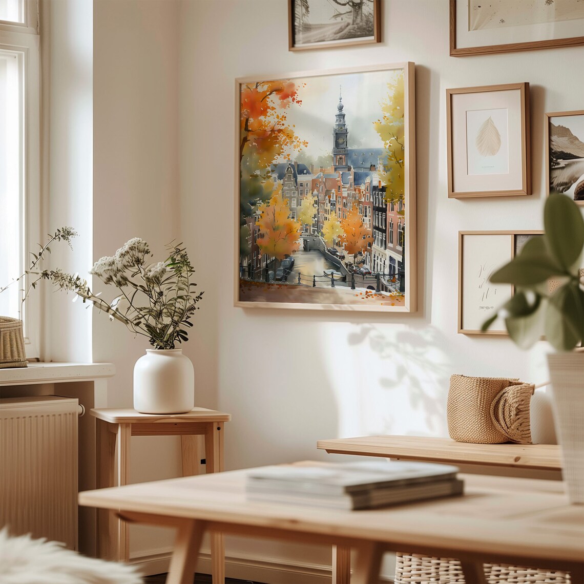 Amsterdam Charming Canal Autumn Church Tower Watercolor Poster - Image 3