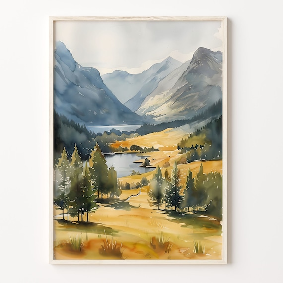 Lake District Helvellyn Golden Meadow Lake Watercolor Landscape Poster