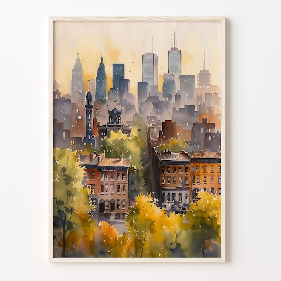Toronto Canada City Skyline Autumn Watercolor Painting Poster