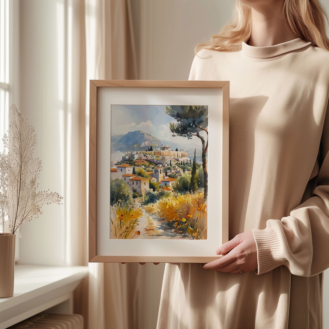 Athens Acropolis Parthenon Golden Wildflowers Watercolor Poster - Image 2