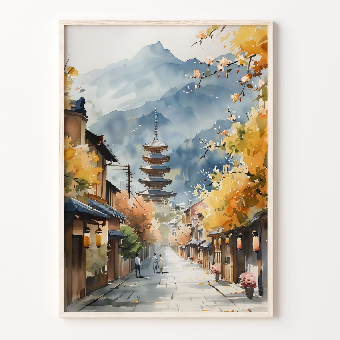 Tokyo Japan Five Tier Pagoda Autumn Street Watercolor Poster