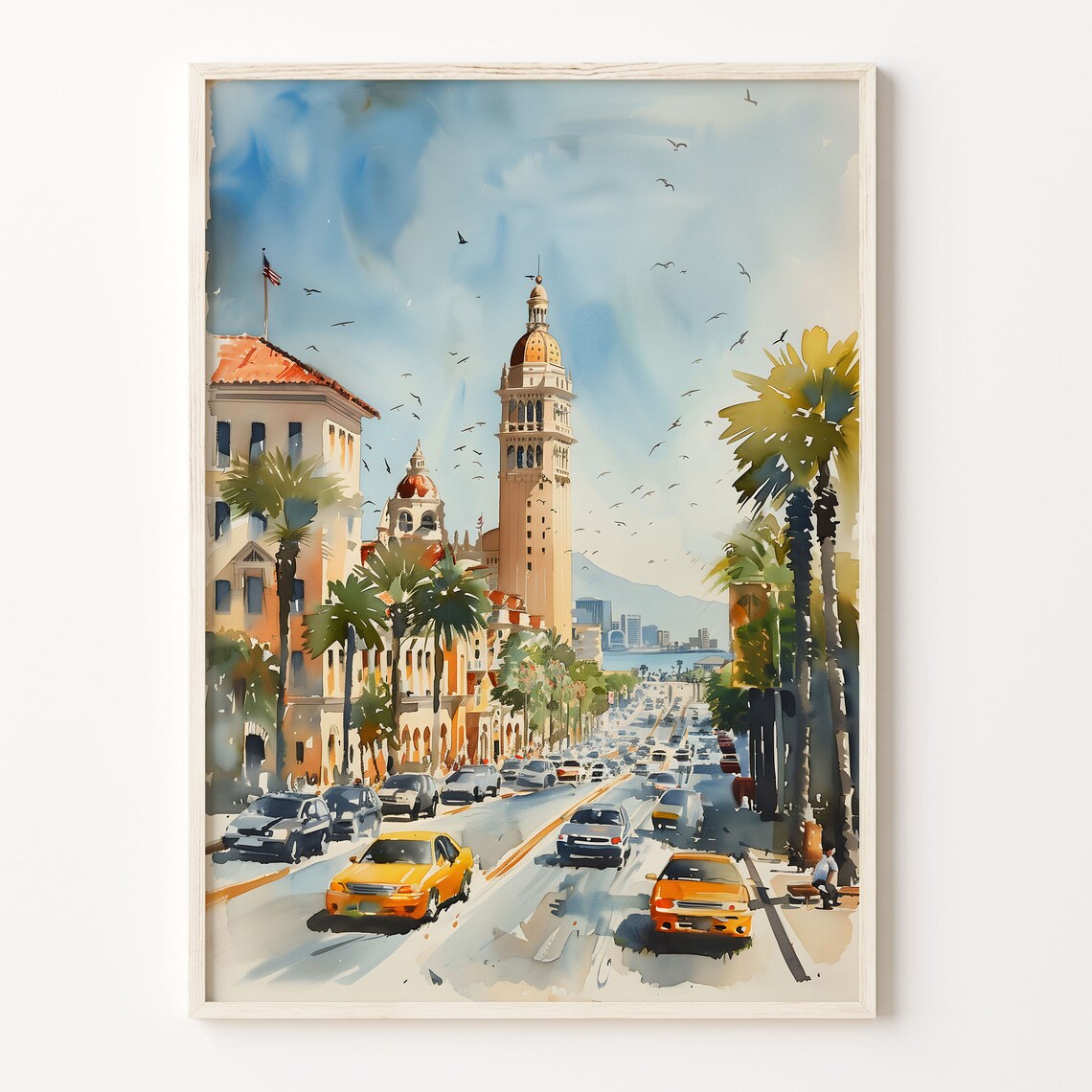 San Diego Watercolor Poster Palm Street Historic Golden Dome Tower