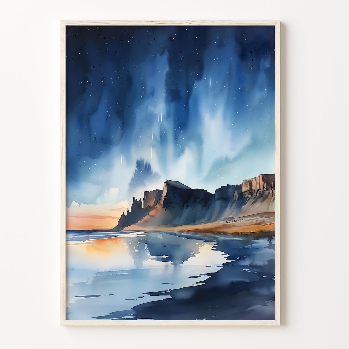 Northern Lights Watercolor Poster Aurora Stars Ocean Cliff Night