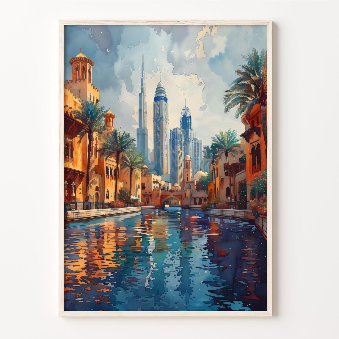 Dubai Old Canal Modern Skyscrapers Palm Reflections Watercolor Poster