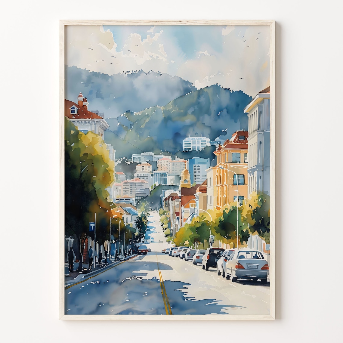 Wellington New Zealand Evening Street Scene Watercolor Poster