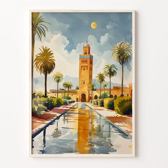 Marrakesh Watercolor Painting Morocco Wall Art Marrakesh Poster Travel Print Custom Text Wedding Gift Birthday Present C30 913